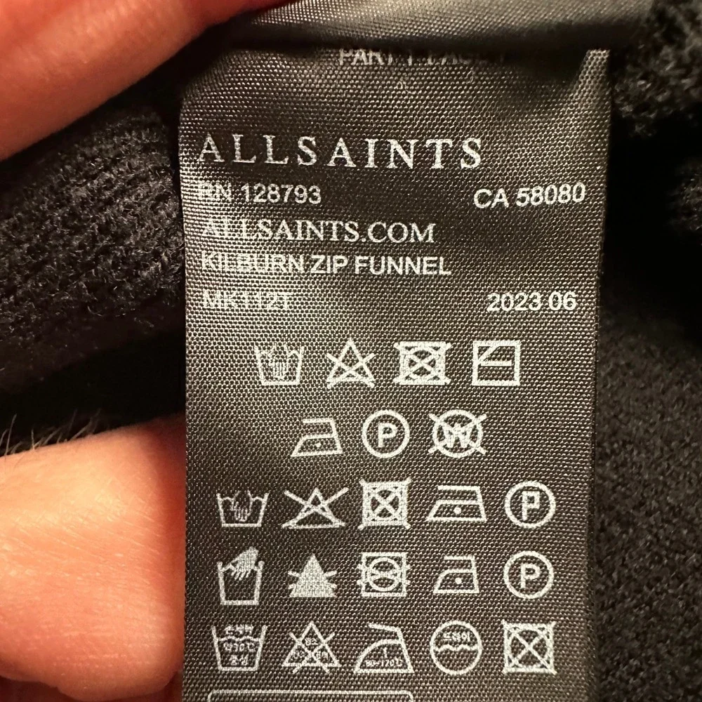 AllSaints Mens Kilburn Zip Funnel Neck‎ Black Wool Blend Pullover Sweater Large